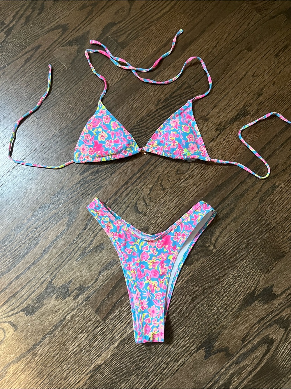 Floral Triangle String Bikini Set in Pink & Blue size small, no snags or damage
